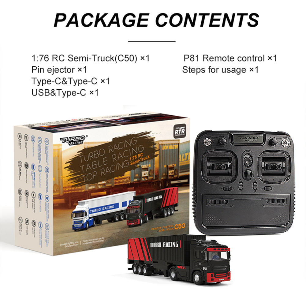 Available in Stock Turbo Racing 1:76 C50 RC Car Semi-truck Full Proportional Remote Control Toys RTR Kit For Kids and Adults