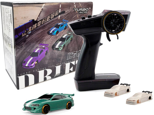 Turbo Racing C62 1:76 Scale Drift RC Car with Gyro Mini Full Proportional RTR 2.4GHZ Remote Control with 2 Replaceable Body Shell(Cyan)