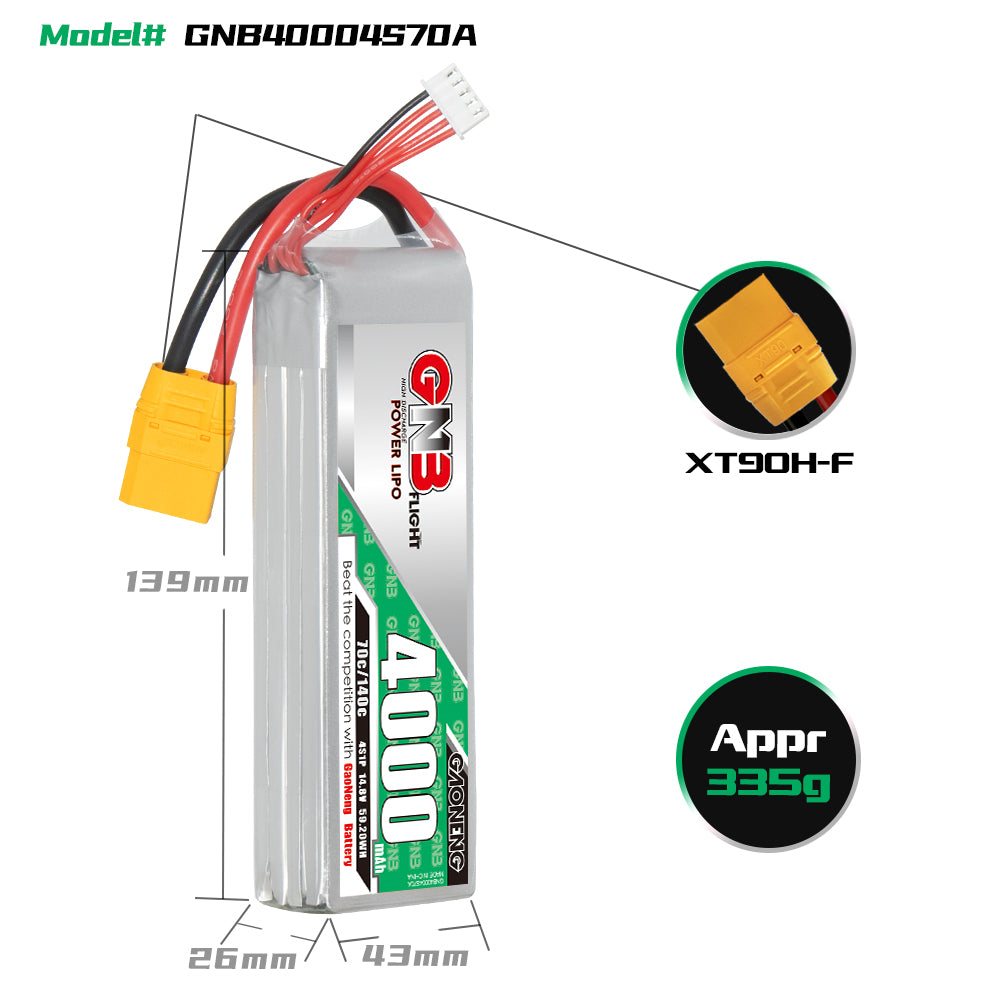 GNB GAONENG 4000mah 4S 14.8V 70C 140C XT90 RC LiPo battery High Discharge C rating Performance Helicopter Drone Boat Car