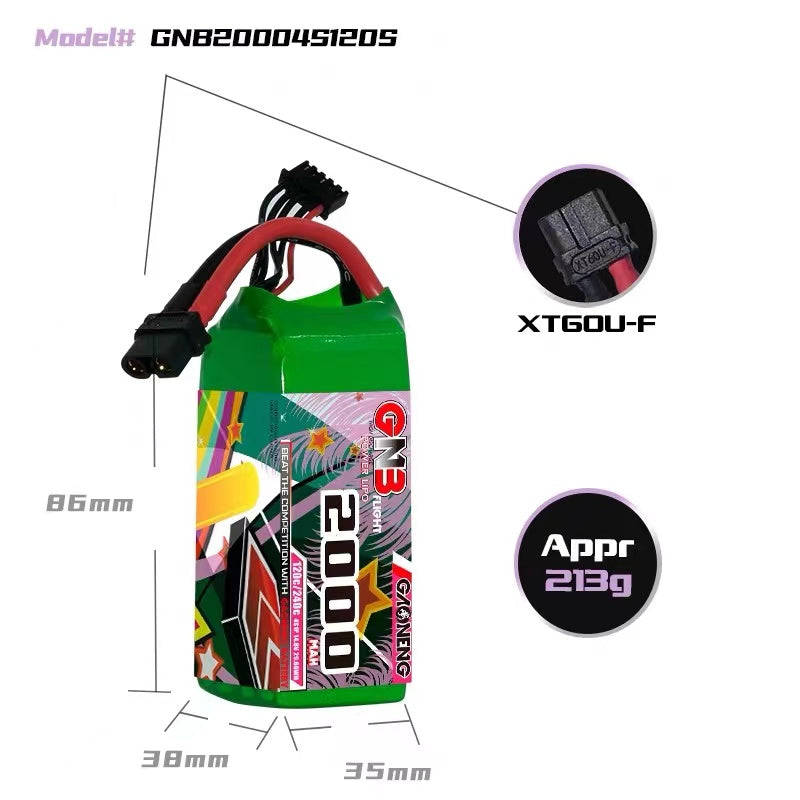 GAONENG GNB 2000MAH 14.8V 4S 120C XT60 RC LiPo Battery Drone FPV Free Style Long Range - CaptainRC