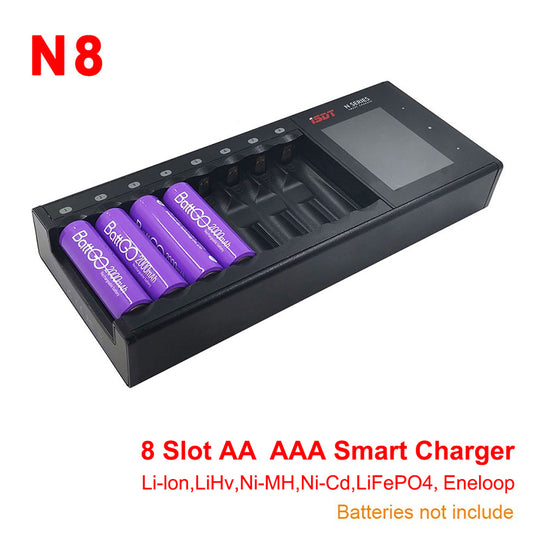 LCD Display Universal Battery Charger, ISDT N8 8-Slot Speedy Smart Battery Fast Charger for Rechargeable Batteries AA AAA Li-lon LiHv Ni-MH Ni-Cd LiFePO4