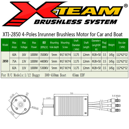 X-TEAM 2850 internal rotating car model, ship model brushless motor, suitable for 1/12 car, 300-450mm ship motor