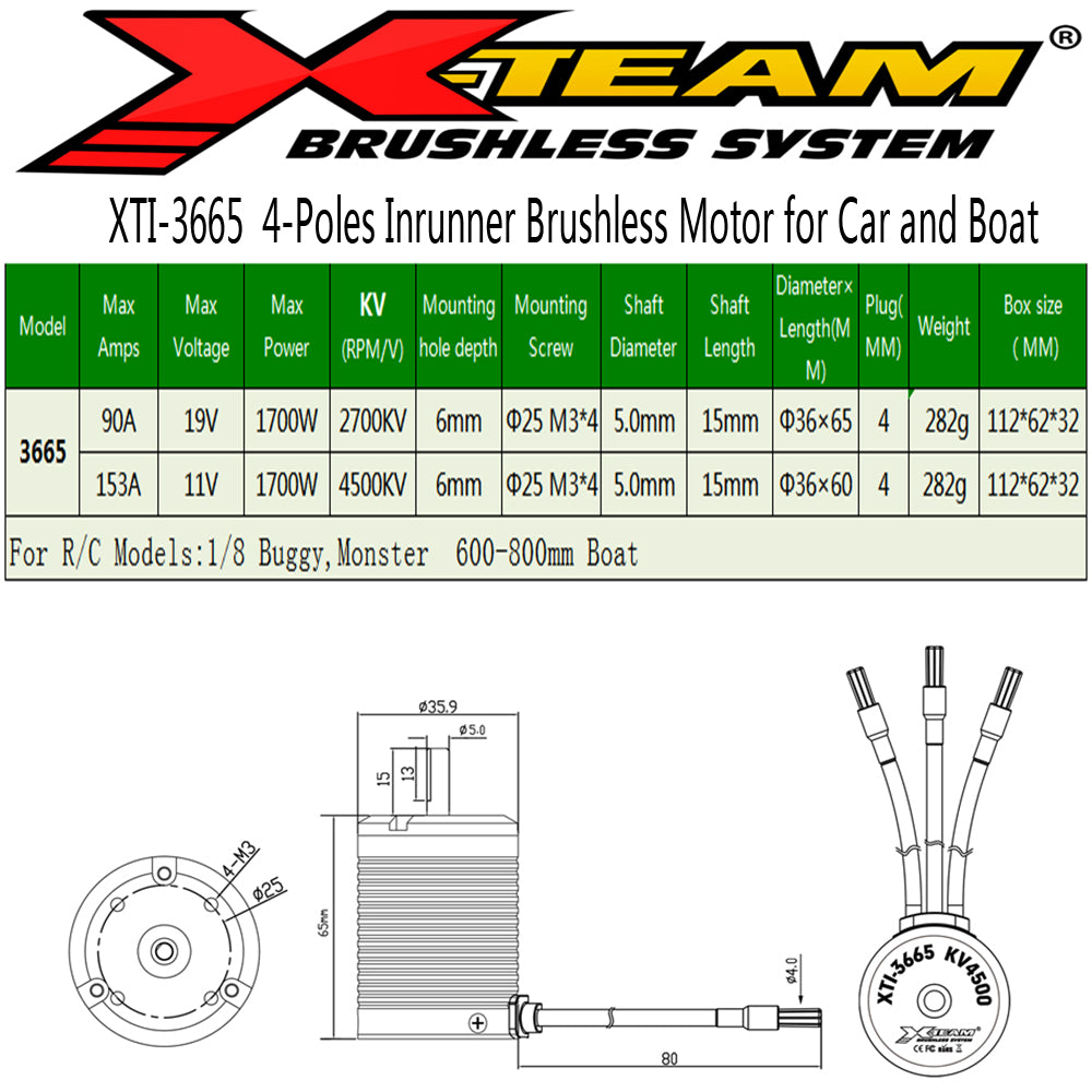 X-TEAM 3665 Brushless Motor 2700KV 4 Poles Design for RC Boat and 1/8 1/10 1/12 Remote Control Car Marine Ship