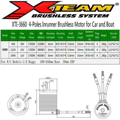 X-TEAM 3660 Brushless Motor 4650KV 4 Poles Design for RC Boat and 1/8 Remote Control Car Marine Ship