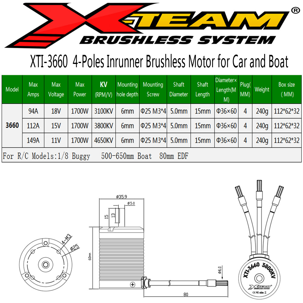 X-TEAM 3660 Brushless Motor 4650KV 4 Poles Design for RC Boat and 1/8 Remote Control Car Marine Ship