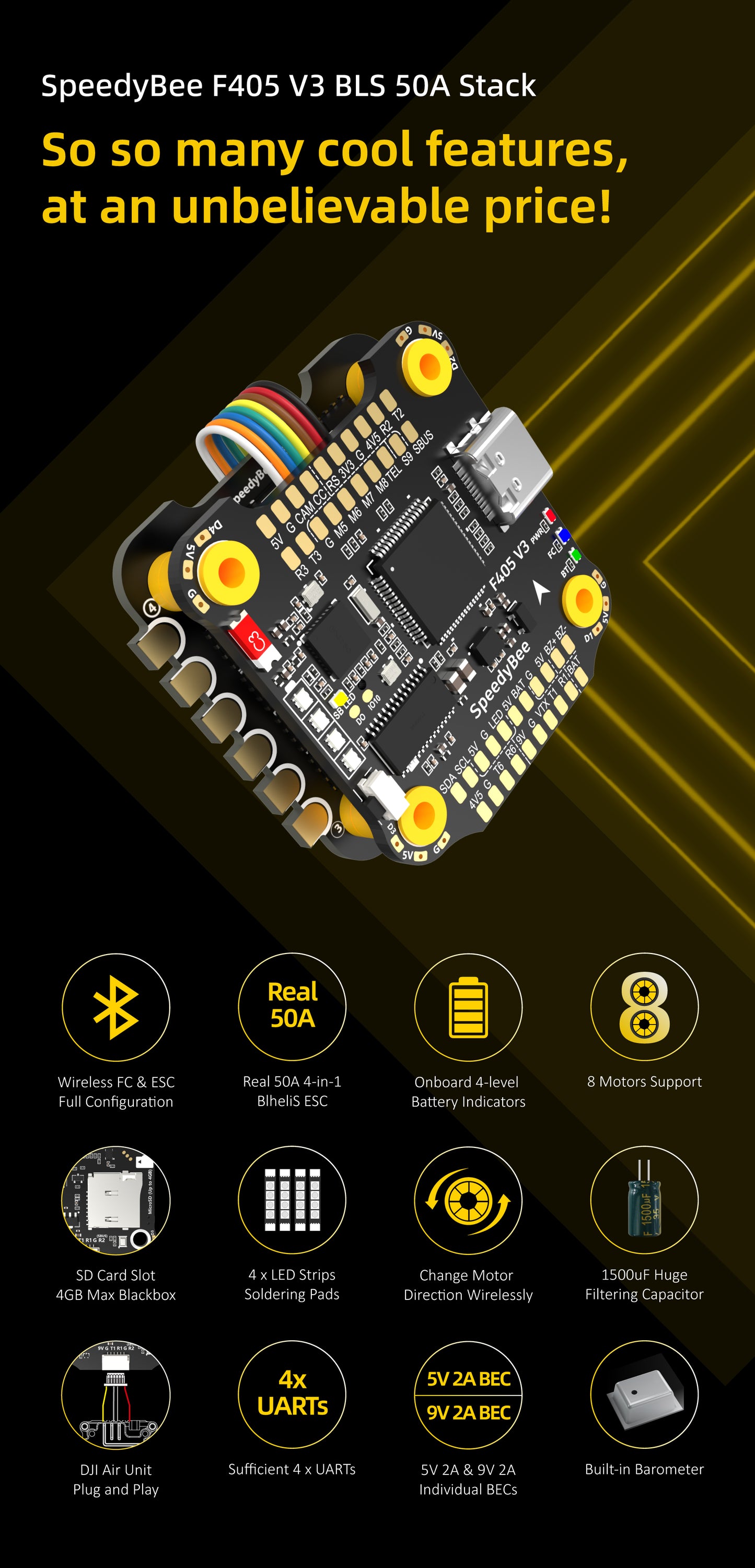 SpeedyBee F405 V3 50A FC&ESC Stack BMI270 F405 Flight Controller BLHELIS 50A 4in1 ESC 3-6S LiPo 30X30mm for FPV Freestyle Drones