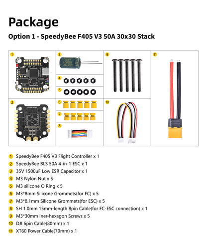 SpeedyBee F405 V3 50A FC&ESC Stack BMI270 F405 Flight Controller BLHELIS 50A 4in1 ESC 3-6S LiPo 30X30mm for FPV Freestyle Drones