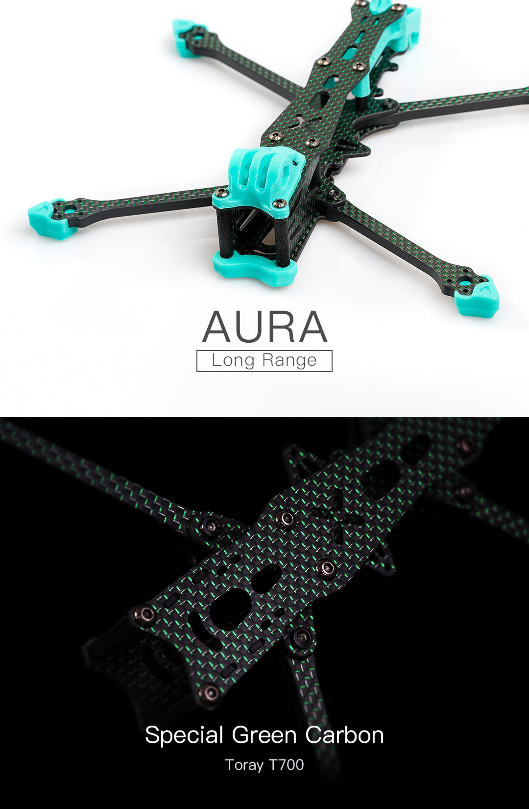 Foxeer Aura LR 5" 210mm FPV Frame Kit with 5mm Arms, T700 Green Carbon, for RC FPV Freestyle and Long Range Analog/Digital Drones - CaptainRC