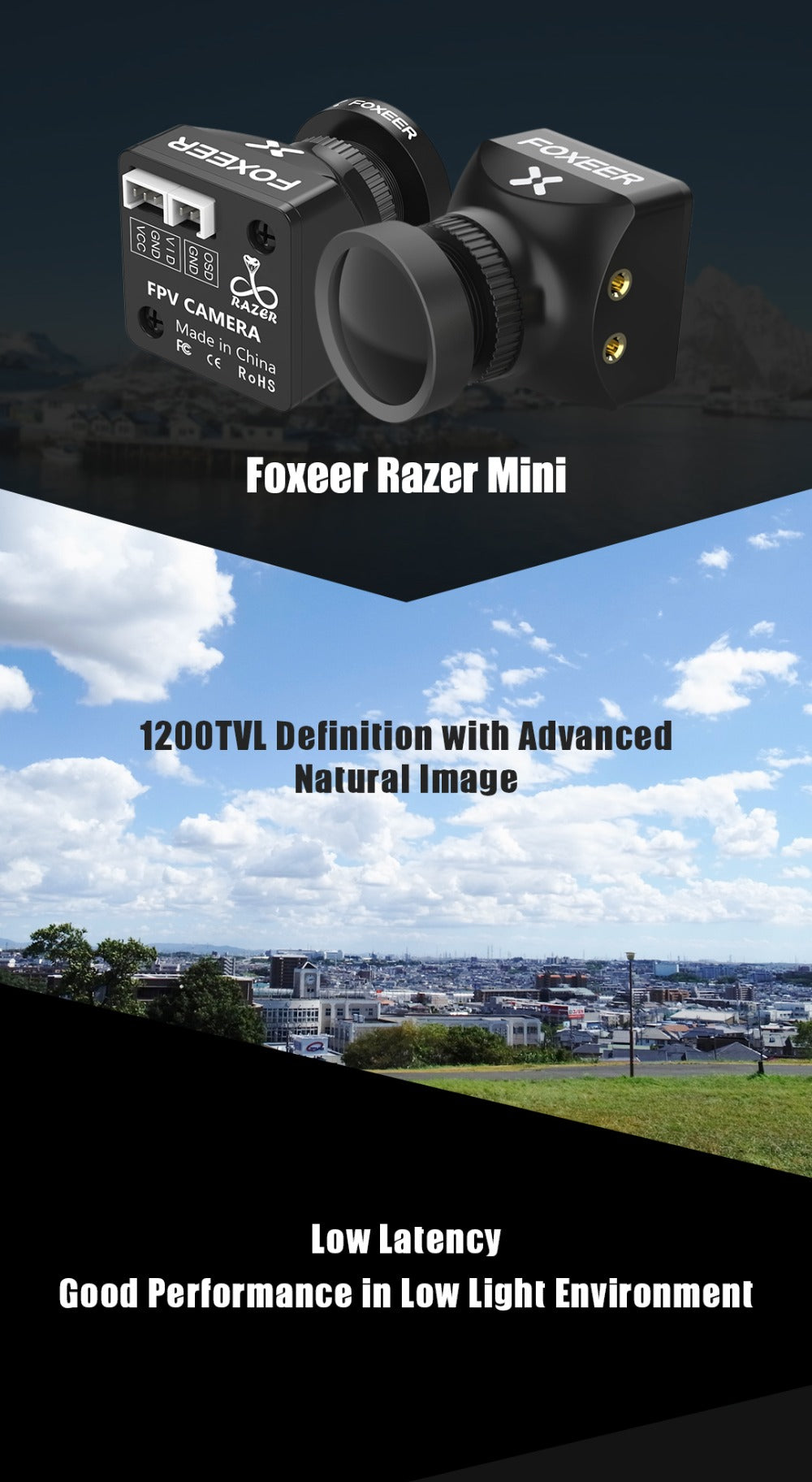 Foxeer Razer Mini HD 5MP 2.1mm M12 Lens 1200TVL Standard FPV Camera 4:3 16:9 NTSC/PAL Switchable 4ms Latency Camera - CaptainRC