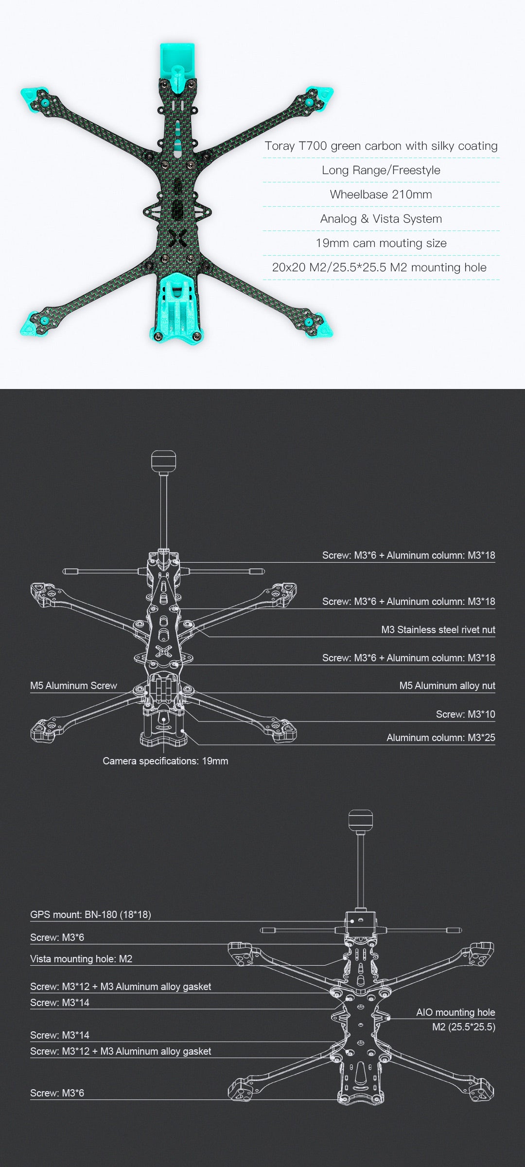 Foxeer Aura LR 5" 210mm FPV Frame Kit with 5mm Arms, T700 Green Carbon, for RC FPV Freestyle and Long Range Analog/Digital Drones - CaptainRC
