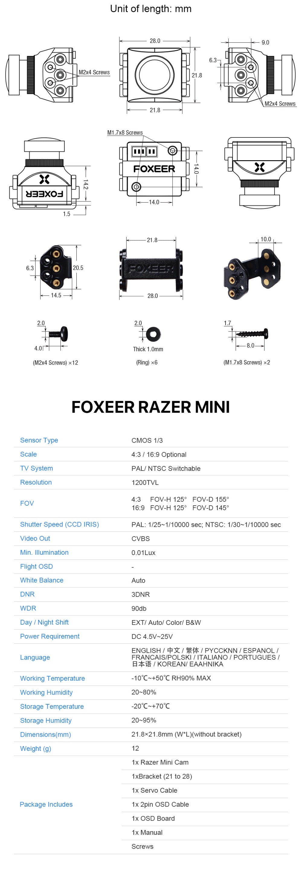 Foxeer Razer Mini HD 5MP 2.1mm M12 Lens 1200TVL Standard FPV Camera 4:3 16:9 NTSC/PAL Switchable 4ms Latency Camera - CaptainRC