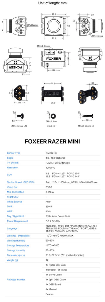 Foxeer Razer Mini HD 5MP 2.1mm M12 Lens 1200TVL Standard FPV Camera 4:3 16:9 NTSC/PAL Switchable 4ms Latency Camera