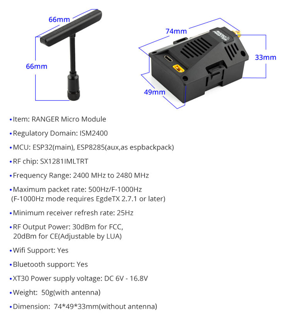 RadioMaster Ranger Micro 2.4GHZ 1W ELRS Module High-Frequency 2*RP1+RP2 ExpressLRS Elrs Receiver For TX16S TX12 MkII Radio Parts - CaptainRC