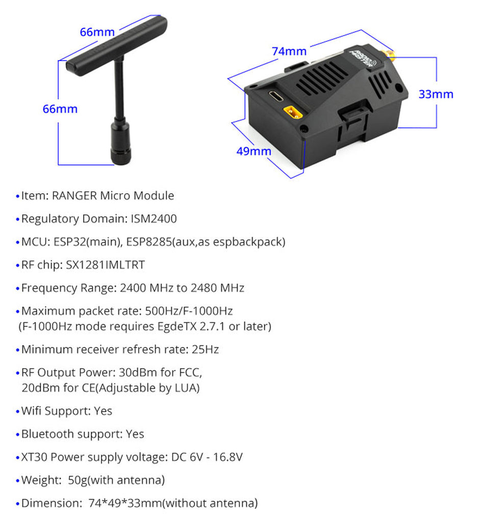 RadioMaster Ranger Micro 2.4GHZ 1W ELRS Module High-Frequency 2*RP1+RP2 ExpressLRS Elrs Receiver For TX16S TX12 MkII Radio Parts