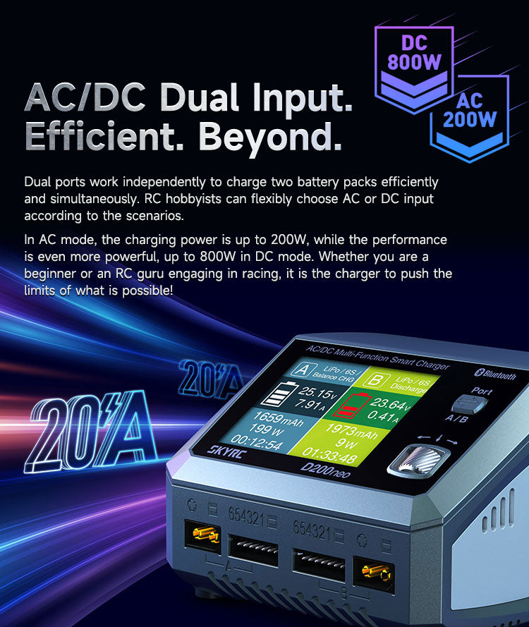 SKYRC D200NEO Dual Channel Intelligent Balanced Charger AC200W DC800W 20A 2-6S Aircraft Model - CaptainRC