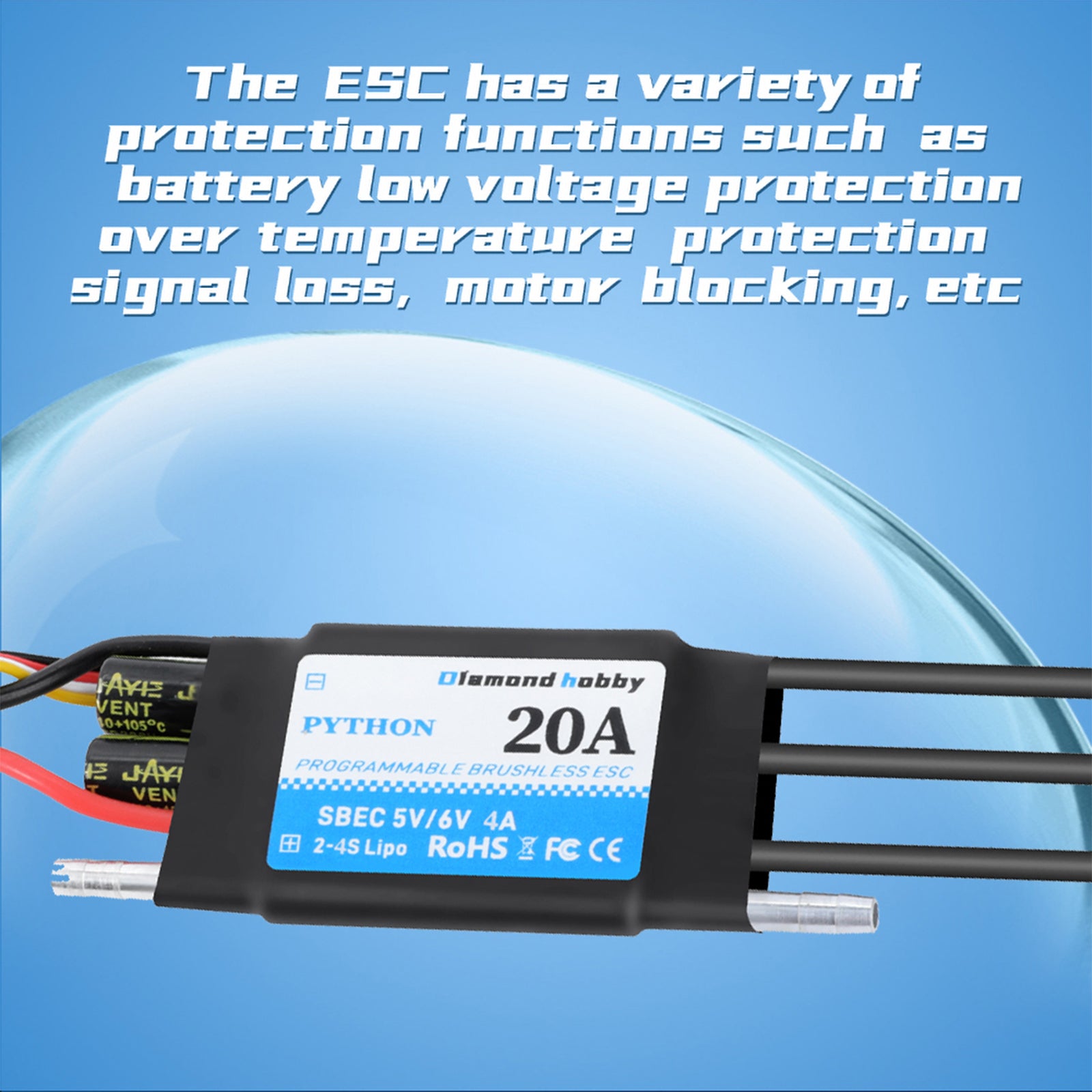 DH 20A 2-4S Waterproof Brushless ESC Electronic Speed Controller with 5.5V/4A BEC and XT60 3.5mm Banana Head Connector for Model Ship RC Boat - CaptainRC