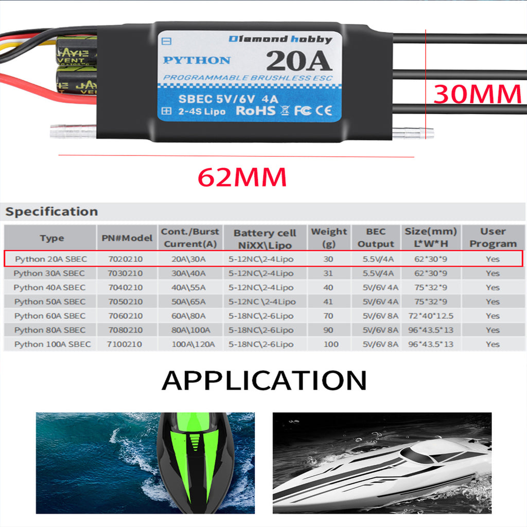 DH 20A 2-4S Waterproof Brushless ESC Electronic Speed Controller with 5.5V/4A BEC and XT60 3.5mm Banana Head Connector for Model Ship RC Boat