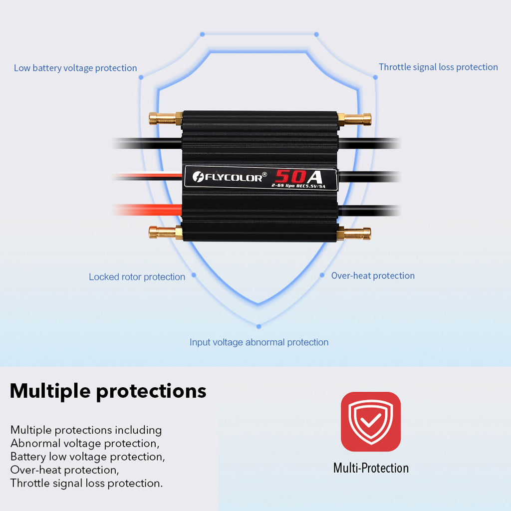 Flycolor 50A Waterproof Brushless ESC Electronic Speed Controller with 5.5V/5A BEC and XT60 3.5mm Banana Head Connector for Model Ship RC Boat