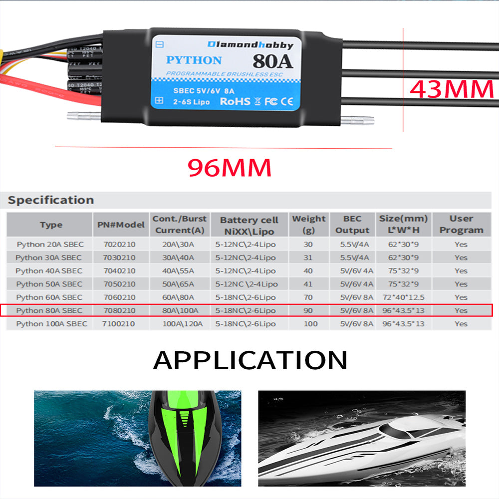 DH 80A Speed Controller Brushless ESC Support 2-6S BEC 5.5V/8A for Model Ship RC Boat