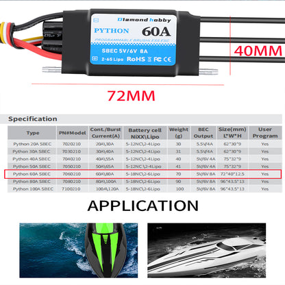 DH 60A Water-Cooled Bidirectional Waterproof Brushless ESC Electronic Governor With XT60 3.5mm Banana Joint, Suitable for Ship Model RC