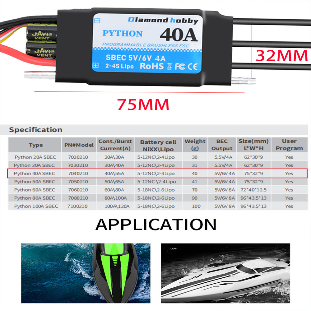 DH 40A 2-4S Waterproof Brushless ESC Electronic Speed Controller with 5.5V/4A BEC and XT60 3.5mm Banana Head Connector for Model Ship RC Boat