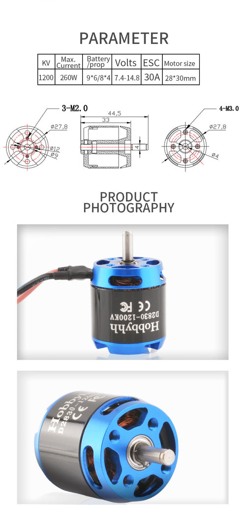 Hobbyhh D2830 Brushless Motor 1200kv Power 260W with 3.5mm Plug for DIY RC Glider Aircraft Plane and UAV