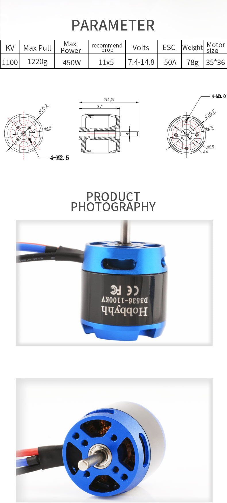 Hobbyhh Brushless Motor 3536 1100kv Power 450W with 3.5mm Banana Head for DIY RC Glider Aircraft Plane and UAV - CaptainRC