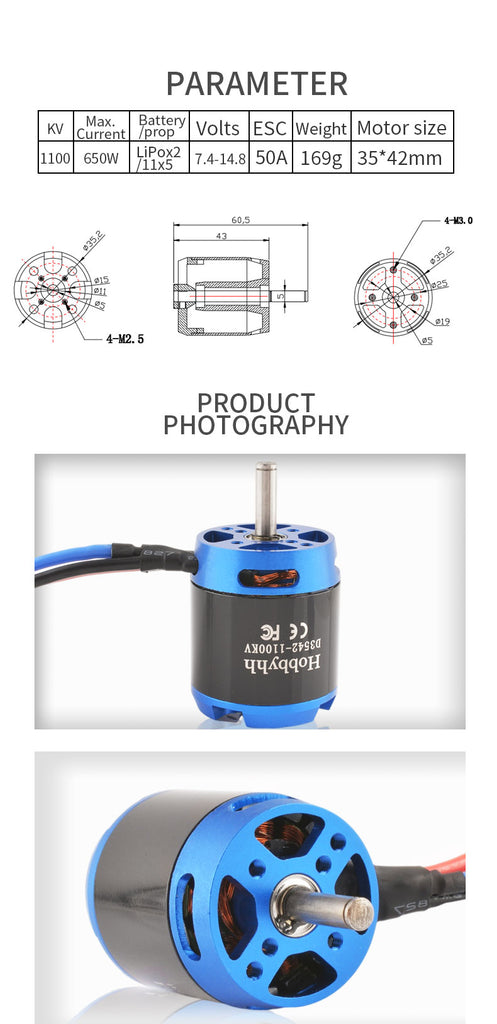 Hobbyhh D3542 1100kv RC Brushless Motor Power 650W with 3.5mm Banana Head for DIY RC Glider Aircraft Plane and UAV