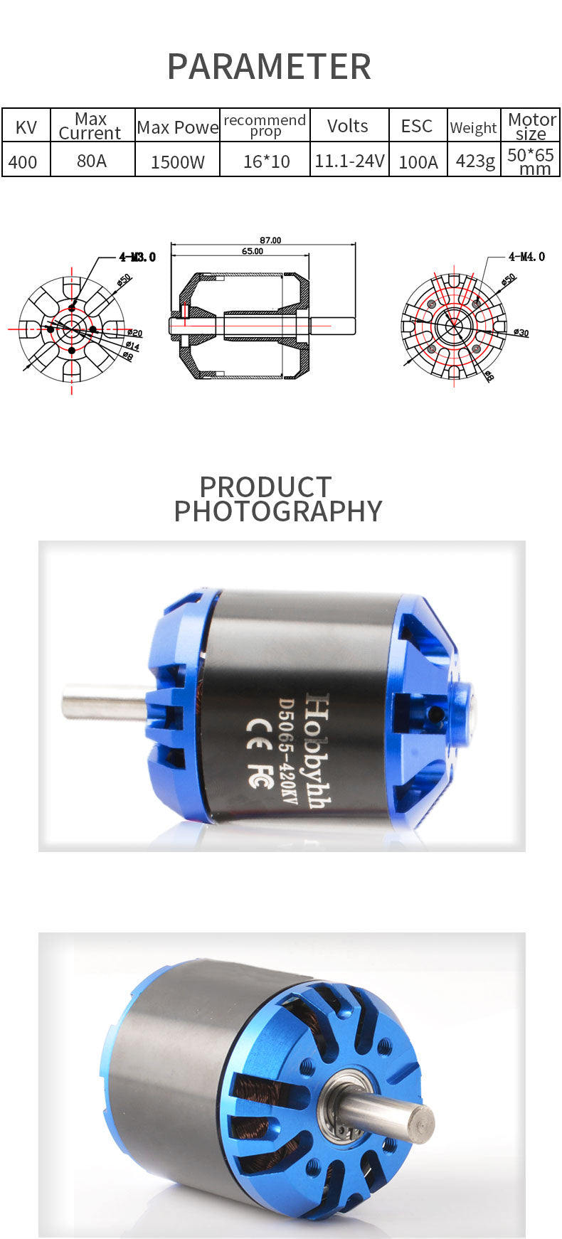 Hobbyhh 5065 400kv RC Brushless Motor Power 1500W with 4.0mm Banana Head for DIY RC Glider Aircraft Plane and UAV - CaptainRC