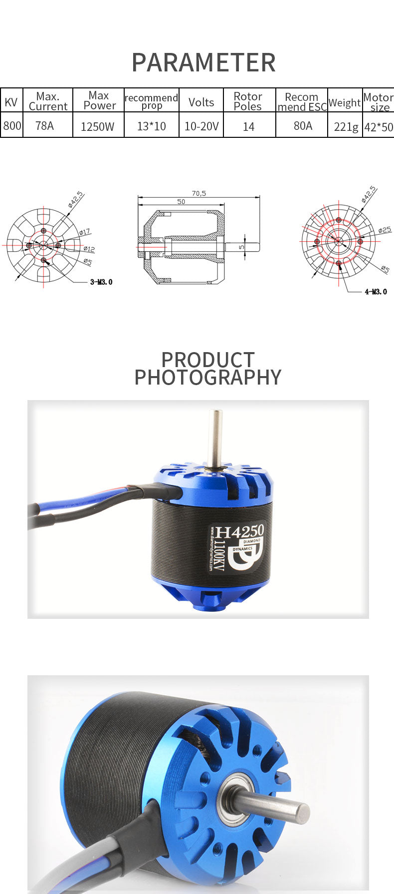 Hobbyhh Brushless Motor 4250 800kv Power 1250W with 4.0mm Banana Head for DIY RC Glider Aircraft Plane and UAV - CaptainRC